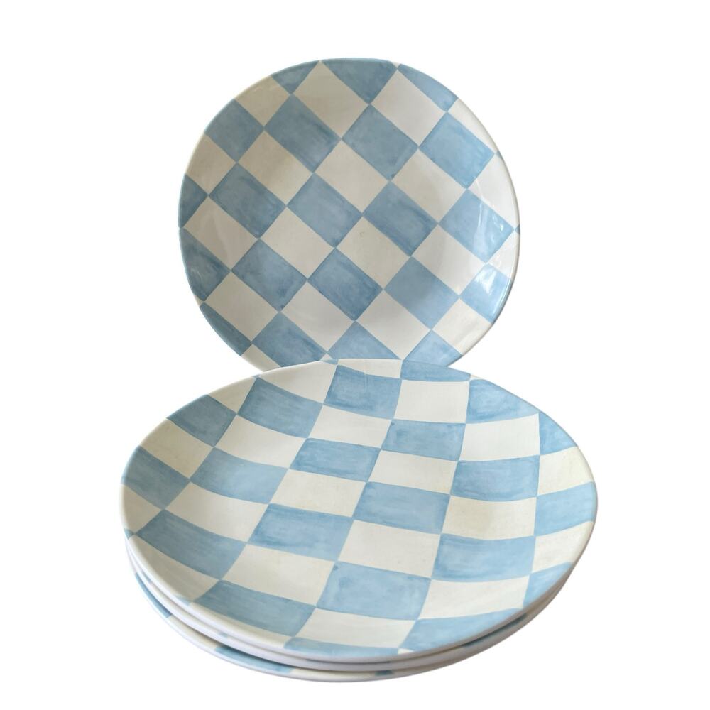 Blue & White Checkered Melamine Appetizer Plates 6.5in Set of 4 Chic Spring NEW